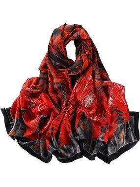 Women's Red Black Light Silk Like Scarves Flower Print Head Cotton Wrap Scarf